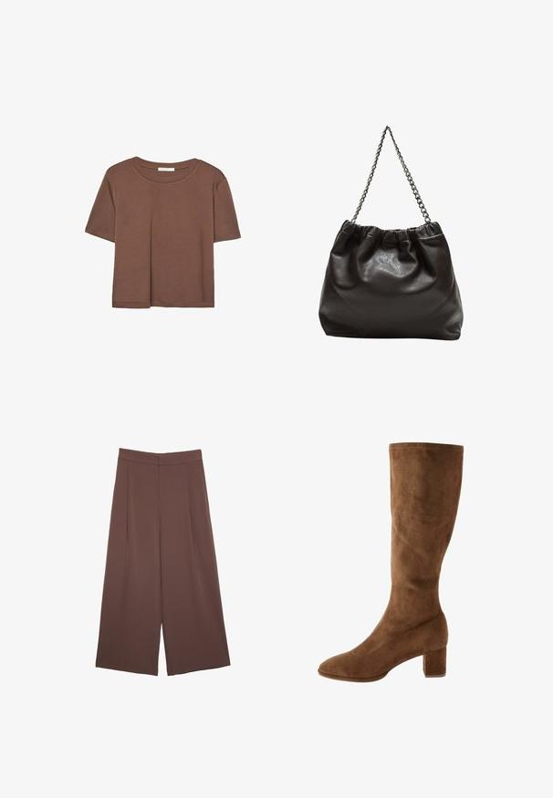 Braunes, kurzärmliges T-Shirt aus weichem Material mit rundem Halsausschnitt und lockerer Passform. Keine sichtbaren Muster oder Akzente.; Braune Weite-Leg-Hosen mit einer glatten Textur, hoher Taille und Vorderfalten. Der Stoff ist leicht und fällt locker.; Braune Wildlederstiefel bis zum Knie mit spitz zulaufender Zehenpartie und Blockabsatz, die eine glatte Textur und saubere Nähte entlang der Kanten aufweisen.; Braune Lederhandtasche mit gerafftem Oberteil und Kettenriemen. Glatte Textur mit glänzendem Finish und subtilen Nahtdetails an den Seiten.