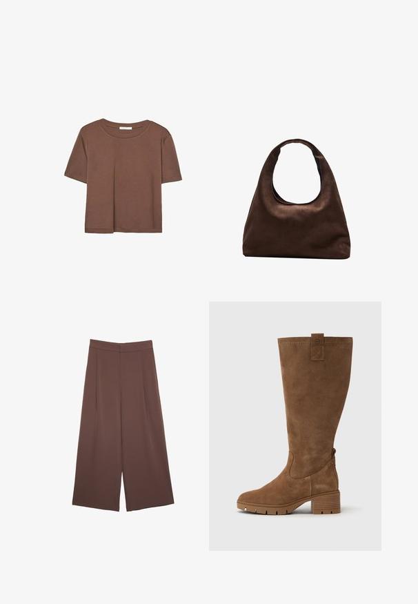 Hnědé tričko s krátkým rukávem vyrobené z měkké látky, s kulatým výstřihem a volným střihem. Bez viditelných vzorů nebo dekorací.; Hnědé široké kalhoty s hladkou texturou, vysokým pasem a předními záhyby. Materiál je lehký a volně splývá.; Tamaris Vysoká obuv - brown; Měkká hnědá kabelka ve stylu hobo s jedním širokým popruhem a zakřiveným horním otvorem, vystavená na bílém pozadí.