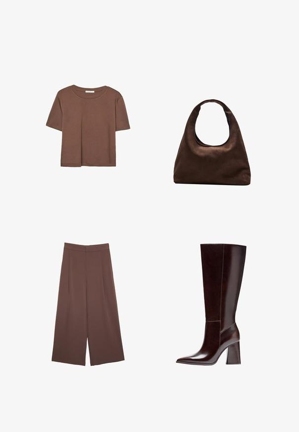 Kahvinsävyinen lyhythihainen t-paita, joka on valmistettu pehmeästä kankaasta. Pyöreä pääntie ja rento malli. Ei näkyviä kuvioita tai koristeita.; Ruskeat leveälahkeiset housut, joissa on sileä pinta, korkea vyötärö ja etupleat. Kangas on kevyttä ja laskeutuu väljänä.; Korkean varren ruskeat nahkasaappaat, joissa on terävä kärki ja teksturoitu jalkapohja. Ominaisuuksiin kuuluu selkeä muotoilu ja vähäiset ompeleet.; Pehmeä ruskea hobo-tyylinen käsilaukku, jossa on yksi leveä olkahihna ja kaareva yläosan aukko, esitelty valkoista taustaa vasten.