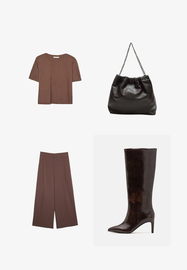Braunes, kurzärmliges T-Shirt aus weichem Material mit rundem Halsausschnitt und lockerer Passform. Keine sichtbaren Muster oder Akzente.; Braune Weite-Leg-Hosen mit einer glatten Textur, hoher Taille und Vorderfalten. Der Stoff ist leicht und fällt locker.; Call it Spring RHODDE - High Heel Stiefel - medium brown; Braune Lederhandtasche mit gerafftem Oberteil und Kettenriemen. Glatte Textur mit glänzendem Finish und subtilen Nahtdetails an den Seiten.