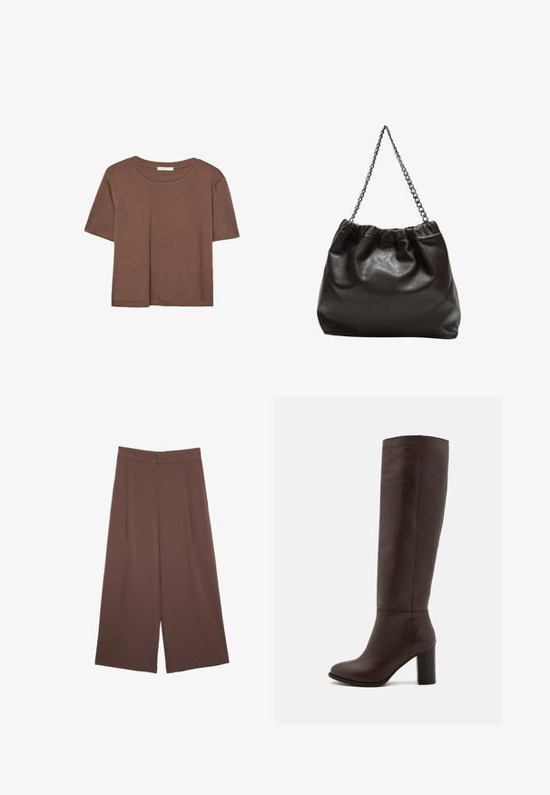 Brązowa koszulka z krótkim rękawem, wykonana z miękkiego materiału, z okrągłym dekoltem i luźnym krojem. Brak widocznych wzorów lub akcentów.; Brązowe spodnie o szerokich nogawkach z gładką fakturą, z wysokim stanem i plisami z przodu. Materiał jest lekki i luźno opada.; Brązowy skórzany boot na wysokości kolan z grubym obcasem, gładką fakturą, zaokrąglonym noskiem i minimalnymi detalami w szwie.; Brązowa skórzana torba z marszczonym szczytem i łańcuszkowym paskiem. Gładka tekstura z błyszczącym wykończeniem i subtelnymi detalami szwów po bokach.