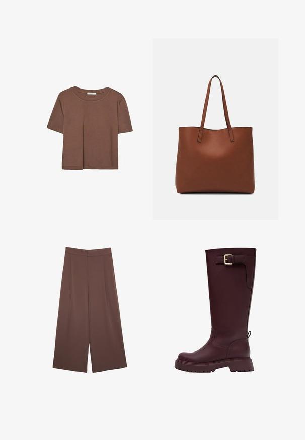Kahvinsävyinen lyhythihainen t-paita, joka on valmistettu pehmeästä kankaasta. Pyöreä pääntie ja rento malli. Ei näkyviä kuvioita tai koristeita.; Ruskeat leveälahkeiset housut, joissa on sileä pinta, korkea vyötärö ja etupleat. Kangas on kevyttä ja laskeutuu väljänä.; Burgundin pitkät kumisaappaat litteällä pohjalla, sivussa soljella varustettuna ja topattua pitoa tarjoavana, sileällä pinnalla ja tukevalla rakenteella.; Ruskea nahkainen olkalaukku, jossa on sileä pinta, avoin yläosa ja kaksi olkahihnaa. Omaavat vain minimaalisen ompelun eikä näkyvää metalliosaa.