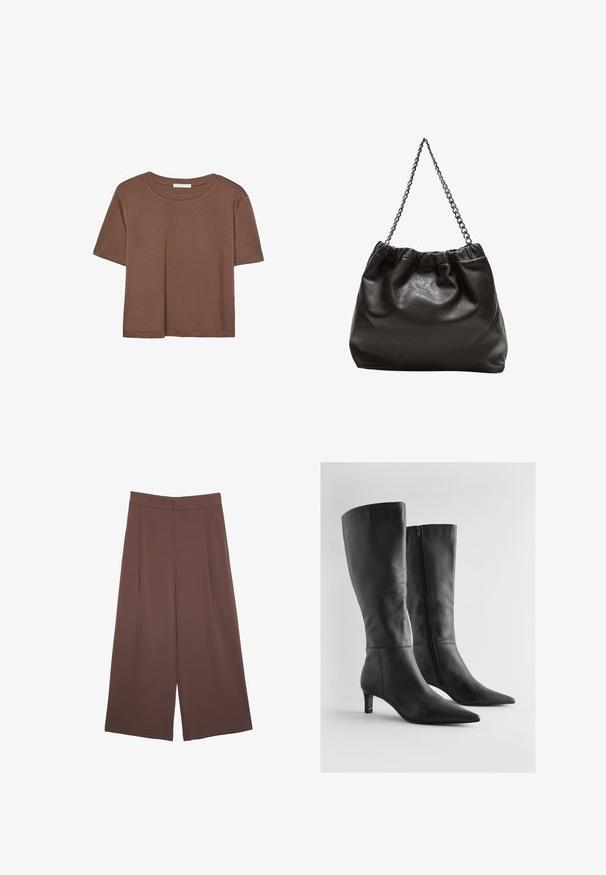 Maglietta a maniche corte marrone realizzata in tessuto morbido, con scollatura rotonda e vestibilità rilassata. Nessun motivo o dettaglio visibile.; Pantaloni ampi marroni con una texture liscia, caratterizzati da una vita alta e pieghe frontali. Il tessuto è leggero e scorre liberamente.; Stivali neri in pelle fino al ginocchio con punta appuntita, tacco basso a blocco e cerniera laterale. La superficie ha una texture liscia con dettagli minimi.; Borsa in pelle marrone con parte superiore arricciata e tracolla a catena. Texture liscia con finitura lucida e dettagli di cucitura sottili sui lati.