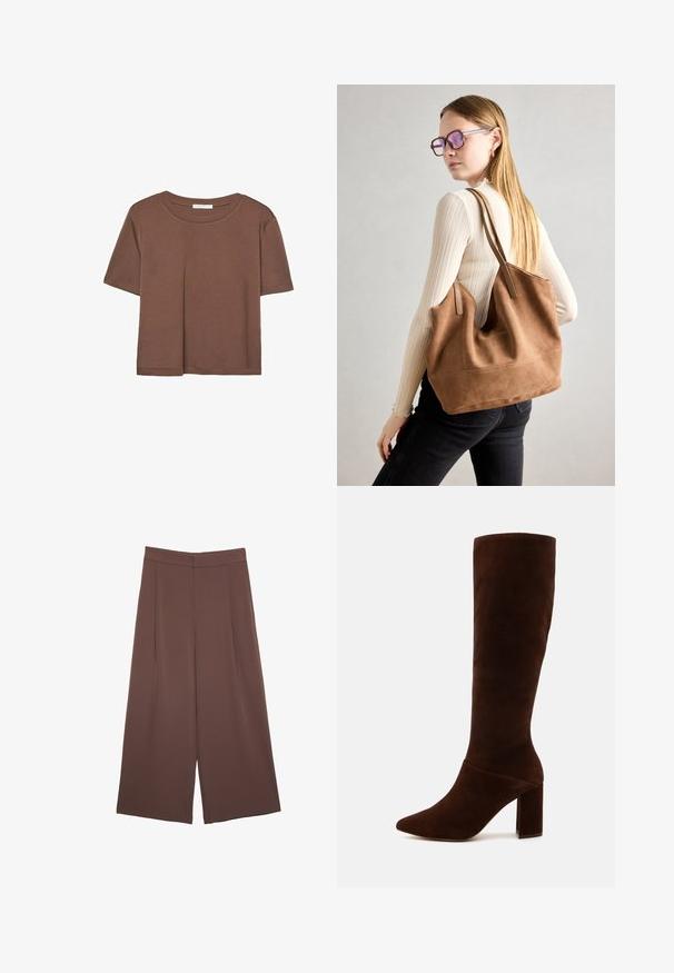 Rjava kratka majica s kratkimi rokavi iz mehkega materiala, s krožnim izrezom in ohlapnim krojem. Brez vidnih vzorcev ali dodatkov.; Rjave široke hlače z gladko teksturo, ki imajo visok pas in sprednje naborke. Tkanina je lahka in prosto pada.; Rjave semiš škornje do kolen s koničastim nosom in debelim kvadratnim peto. Gladka tekstura s prilegajočim jaškom in brez vidnih zapiranj.; Rjava semišna torba z mehko teksturo, velikim odprtjem in dolgimi ročaji. Ima preprost dizajn z vidnim šivanjem in brez okovja.