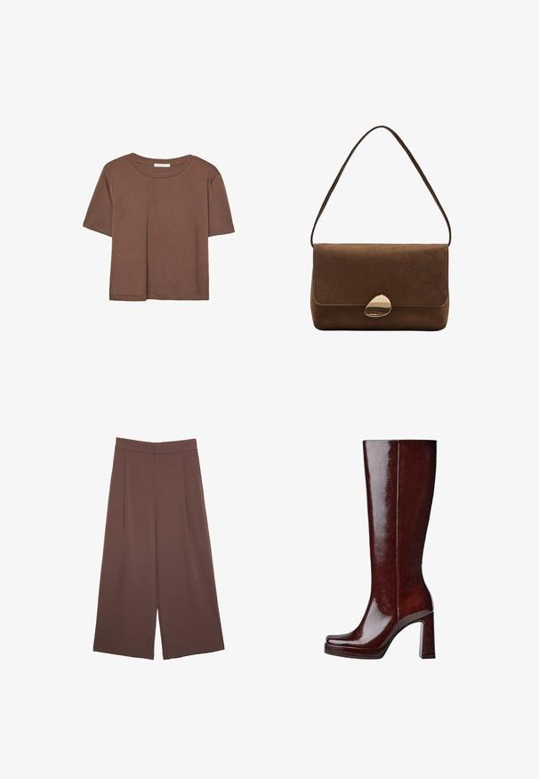 Hnedé tričko s krátkym rukávom vyrobené z jemného materiálu, s okrúhlym výstrihom a voľným strihom. Žiadne viditeľné vzory ani akcenty.; Hnedé nohavice so širokými nohavicami a hladkou textúrou, s vysokým pásom a prednými skladmi. Tkanina je ľahká a voľne sa pohybuje.; Kožené čižmy do výšky kolien v lesklej burgundskej farbe so štvorcovou špičkou, vyvýšenou platformou a robustným blokovým podpätkom. Hladký povrch s minimálnymi detailmi.; Hnedá semišová taška cez rameno s zakriveným zlatým sponou a jedným popruhom, obdĺžnikový tvar s klopou.