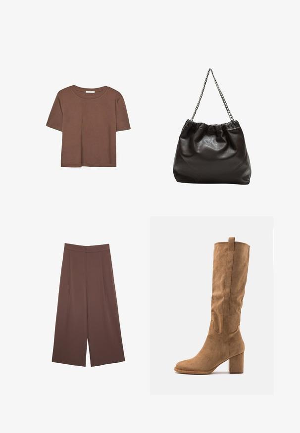 Kahvinsävyinen lyhythihainen t-paita, joka on valmistettu pehmeästä kankaasta. Pyöreä pääntie ja rento malli. Ei näkyviä kuvioita tai koristeita.; Ruskeat leveälahkeiset housut, joissa on sileä pinta, korkea vyötärö ja etupleat. Kangas on kevyttä ja laskeutuu väljänä.; Knee-high vaaleanruskea mokkanahkasaapas, jossa on tukevahko korko, vietettyjä detajeeja ja virtaviivainen siluetti modernin ilmeen saavuttamiseksi.; Ruskea nahkainen laukku, jossa on kerätty yläosa ja ketjuhihna. Tasainen pinta, jossa kiiltävä viimeistely ja hienovaraiset sauman yksityiskohdat sivuilla.
