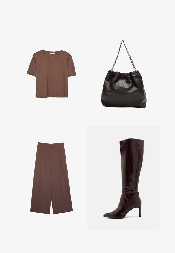 Maglietta a maniche corte marrone realizzata in tessuto morbido, con scollatura rotonda e vestibilità rilassata. Nessun motivo o dettaglio visibile.; Pantaloni ampi marroni con una texture liscia, caratterizzati da una vita alta e pieghe frontali. Il tessuto è leggero e scorre liberamente.; Anna Field Stivali alti - bordeaux; Borsa in pelle marrone con parte superiore arricciata e tracolla a catena. Texture liscia con finitura lucida e dettagli di cucitura sottili sui lati.