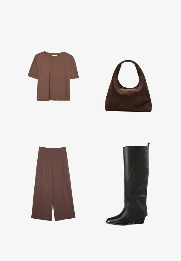 Hnedé tričko s krátkym rukávom vyrobené z jemného materiálu, s okrúhlym výstrihom a voľným strihom. Žiadne viditeľné vzory ani akcenty.; Hnedé nohavice so širokými nohavicami a hladkou textúrou, s vysokým pásom a prednými skladmi. Tkanina je ľahká a voľne sa pohybuje.; Čierne kožené čižmy po kolená s špicatou špičkou, ostrým dizajnom, zaobleným švom a nízkym blokovým podpätkom.; Svetlohnedá kabelka v štýle hobo s jedným širokým popruhom a zakriveným otváraním na vrchu, vystavená na bielom pozadí.