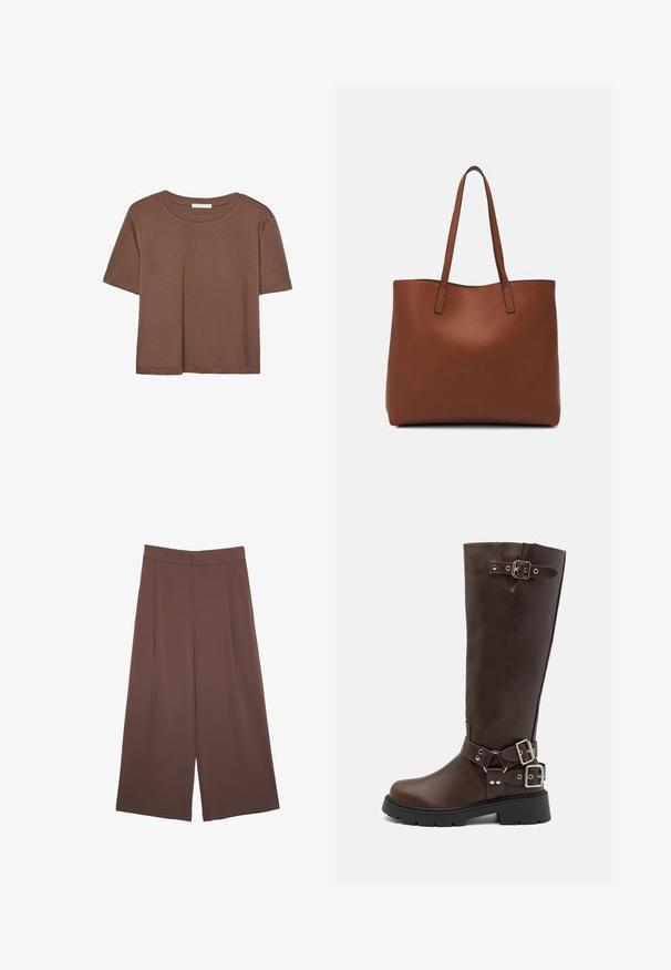Brun kortärmad t-shirt i mjukt tyg, med rund halsringning och avslappnad passform. Inga synliga mönster eller detaljer.; Bruna vida byxor med en slät textur, som har hög midja och framfickor. Tyget är lätt och flödar löst.; RAID WESTINN - Platåstövlar - brown; Brun läder tote-väska med en slät textur, öppen toppdesign och två axelremmar. Har minimal söm och ingen synlig metalldetalj.