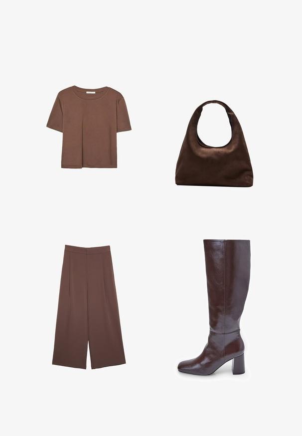 Korte mouwen T-shirt in bruin, gemaakt van een zachte stof, met een ronde halslijn en een relaxte pasvorm. Geen zichtbare patronen of accenten.; Bruine wijde broek met een gladde textuur, voorzien van een hoge taille en plooien aan de voorkant. De stof is lichtgewicht en valt losjes.; Bruine leren kniehoge laarzen met een vierkante neus en een forse hak. De afwerking is glanzend, wat de gladde textuur en ontwerp lijnen accentueert.; Zachte bruine hobo-stijl handtas met een enkele brede schouderband en een gebogen opening aan de bovenkant, weergegeven op een witte achtergrond.