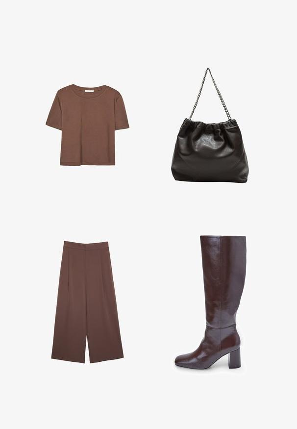 Smeđi kratki rukav majica od mekog materijala, s okruglim izrezom i opuštenim krojem. Nema vidljivih uzoraka ili naglasaka.; Smeđe hlače širokog kroja s glatkom teksturom, koje imaju visok struk i nabore sprijeda. Tkanina je lagana i slobodno se kreće.; Smeđe kožne čizme do koljena sa kvadratnim vrhom i debljim potplatom. Površina je sjajna, što naglašava glatku teksturu i linije dizajna.; Smeđa kožna torba s naboranim vrhom i lančićem za nošenje. Glatka tekstura s sjajnim završetkom i suptilnim šavnim detaljima sa strane.
