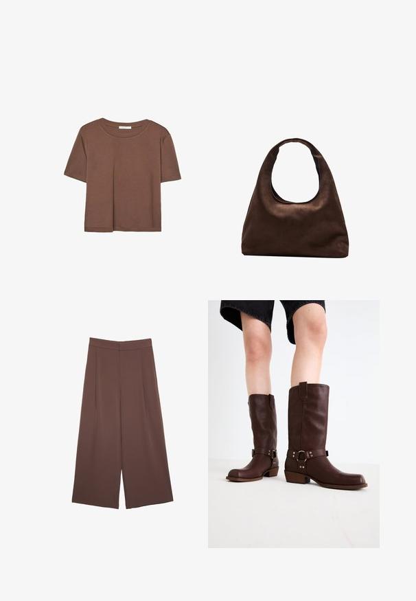 Hnědé tričko s krátkým rukávem vyrobené z měkké látky, s kulatým výstřihem a volným střihem. Bez viditelných vzorů nebo dekorací.; Hnědé široké kalhoty s hladkou texturou, vysokým pasem a předními záhyby. Materiál je lehký a volně splývá.; Hnědé kožené vysoké boty ke kolenům s kulatou špičkou, texturovaným povrchem, řemínkem kolem kotníku a detailem ze stříbrného kovu; na podpatku.; Měkká hnědá kabelka ve stylu hobo s jedním širokým popruhem a zakřiveným horním otvorem, vystavená na bílém pozadí.