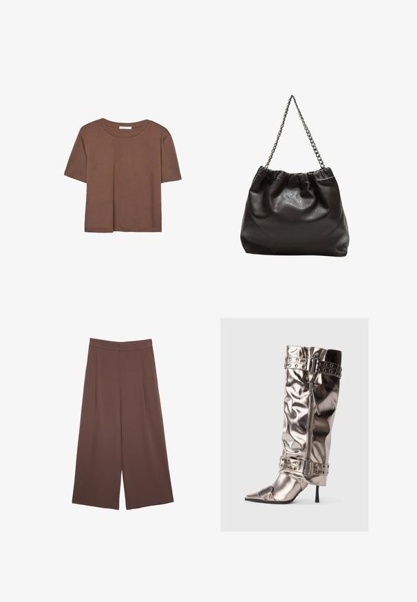 Brązowa koszulka z krótkim rękawem, wykonana z miękkiego materiału, z okrągłym dekoltem i luźnym krojem. Brak widocznych wzorów lub akcentów.; Brązowe spodnie o szerokich nogawkach z gładką fakturą, z wysokim stanem i plisami z przodu. Materiał jest lekki i luźno opada.; Metaliczne kozaki do kolan z cienkim obcasem w stylu szpilki, spiczastym czubkiem, zamkiem błyskawicznym oraz paskami z ćwiekami. Posiadają pomarszczoną teksturę.; Brązowa skórzana torba z marszczonym szczytem i łańcuszkowym paskiem. Gładka tekstura z błyszczącym wykończeniem i subtelnymi detalami szwów po bokach.