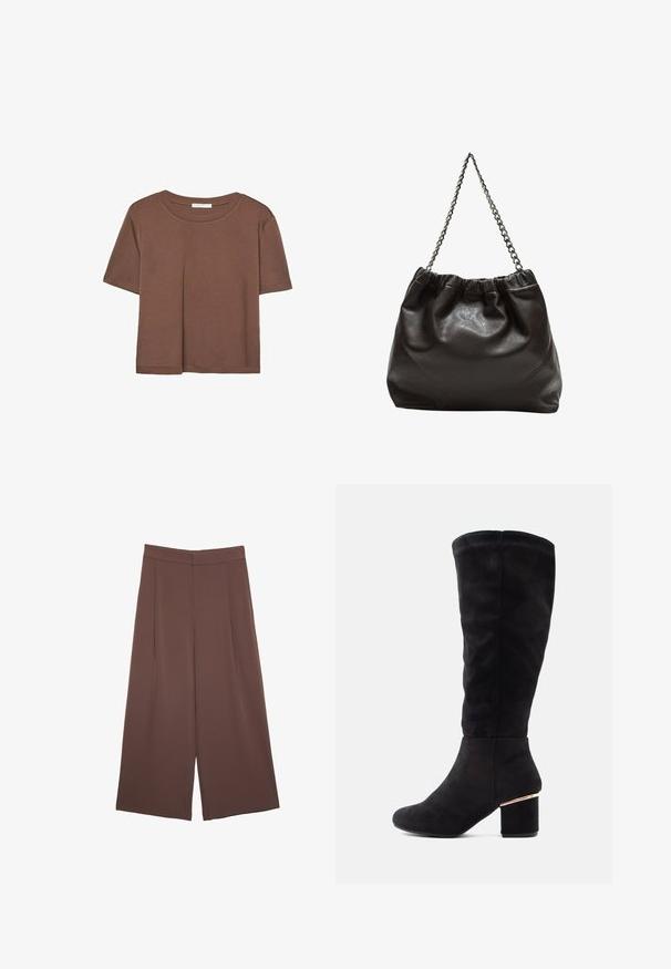 T-shirt marron à manches courtes en tissu doux, avec un col rond et une coupe décontractée. Aucun motif ni accent visible.; Pantalons larges marron avec une texture lisse, dotés d'une taille haute et de plis à l'avant. Le tissu est léger et tombe de manière fluide.; Botte noire hauteur genou en daim doux, avec un talon bloc épais et un accent doré. Texture lisse, design à bout rond.; Sac en cuir marron avec un haut froncé et une bandoulière en chaîne. Texture lisse avec une finition brillante et des coutures subtiles sur les côtés.