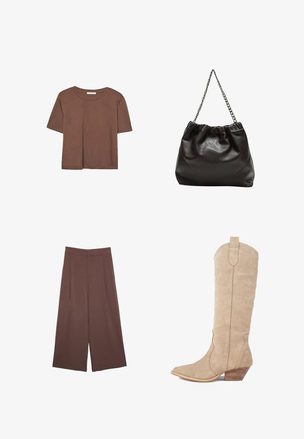 Brązowa koszulka z krótkim rękawem, wykonana z miękkiego materiału, z okrągłym dekoltem i luźnym krojem. Brak widocznych wzorów lub akcentów.; Brązowe spodnie o szerokich nogawkach z gładką fakturą, z wysokim stanem i plisami z przodu. Materiał jest lekki i luźno opada.; Beżowe zamszowe kowbojki z ostrym noskiem, dekoracyjnym przeszyciem oraz drewnianym obcasem w kształcie stosu. Wysokość sięga do połowy łydki.; Brązowa skórzana torba z marszczonym szczytem i łańcuszkowym paskiem. Gładka tekstura z błyszczącym wykończeniem i subtelnymi detalami szwów po bokach.
