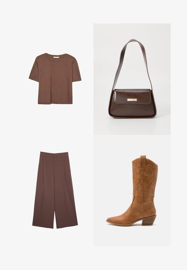 Kahvinsävyinen lyhythihainen t-paita, joka on valmistettu pehmeästä kankaasta. Pyöreä pääntie ja rento malli. Ei näkyviä kuvioita tai koristeita.; Ruskeat leveälahkeiset housut, joissa on sileä pinta, korkea vyötärö ja etupleat. Kangas on kevyttä ja laskeutuu väljänä.; Ruskean nahkainen cowboy-saapas, jossa on terävä kärki, brodeeratut pyörteiset kuviot varressa ja kerroslohko korko. Varustettu nostonipulla helpottamaan pukemista.; Ruskea nahkainen olkalaukku, jossa on rakenteellinen muotoilu, ja jossa on magneettinen läppäkiinnitys sekä metallinen logo korostus edessä.