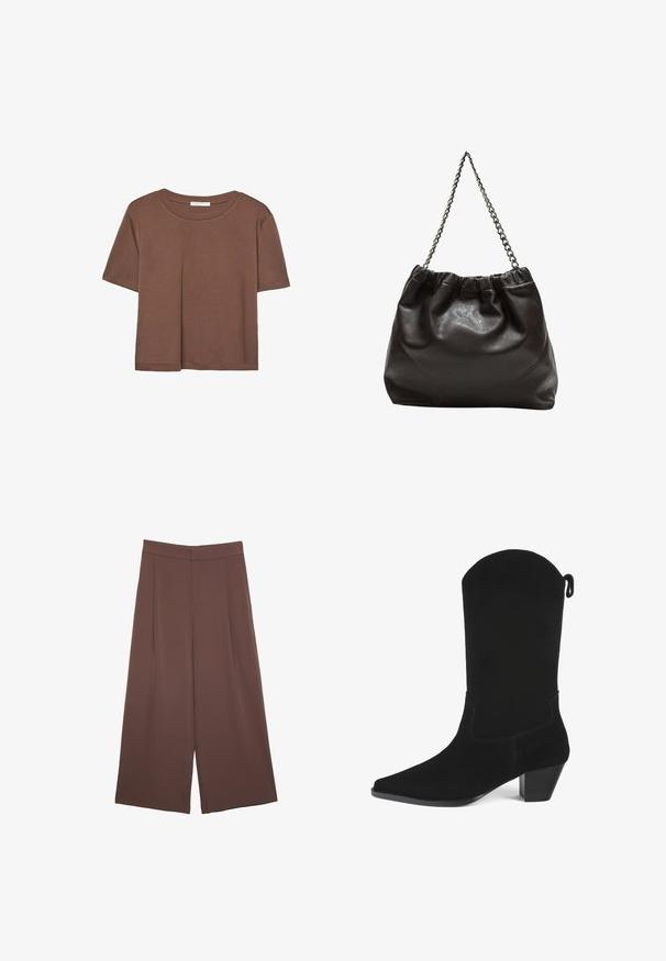 Smeđi kratki rukav majica od mekog materijala, s okruglim izrezom i opuštenim krojem. Nema vidljivih uzoraka ili naglasaka.; Smeđe hlače širokog kroja s glatkom teksturom, koje imaju visok struk i nabore sprijeda. Tkanina je lagana i slobodno se kreće.; Crne svinjske čizme s ravnim potplatom, šiljastim nosom, blagim petama i valovitim gornjim rubom. Imaju minimalne šavove i stražnju traku za povlačenje.; Smeđa kožna torba s naboranim vrhom i lančićem za nošenje. Glatka tekstura s sjajnim završetkom i suptilnim šavnim detaljima sa strane.