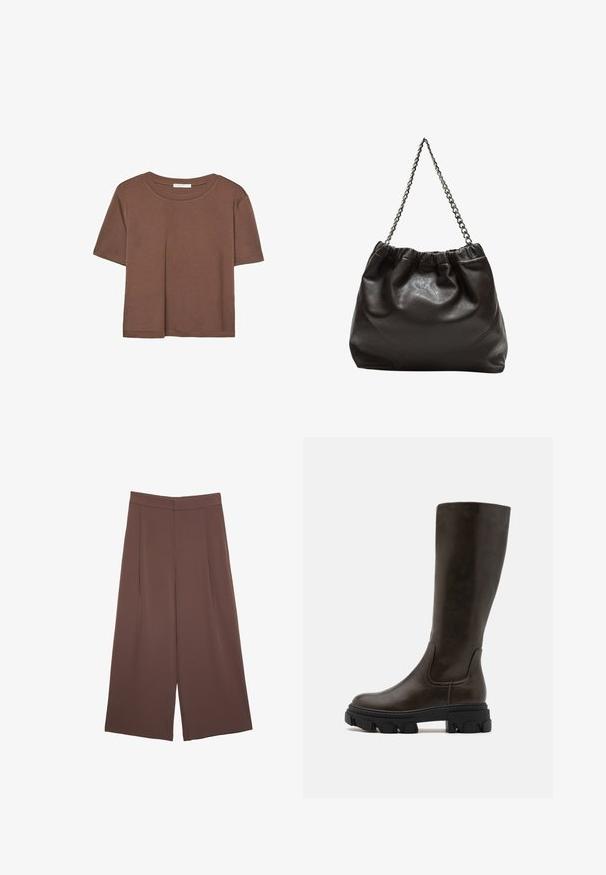 Hnedé tričko s krátkym rukávom vyrobené z jemného materiálu, s okrúhlym výstrihom a voľným strihom. Žiadne viditeľné vzory ani akcenty.; Hnedé nohavice so širokými nohavicami a hladkou textúrou, s vysokým pásom a prednými skladmi. Tkanina je ľahká a voľne sa pohybuje.; Hnedé syntetické kožené čižmy po kolená s robustnou čiernou gumovou podrážkou a elastickými bočnými panelmi pre jednoduché obúvanie. Hladký povrch, minimalistický dizajn.; Hnedá kožená taška so zberaným vrchom a reťazovým popruhom. Hladký povrch s lesklým finišom a jemným švom po stranách.