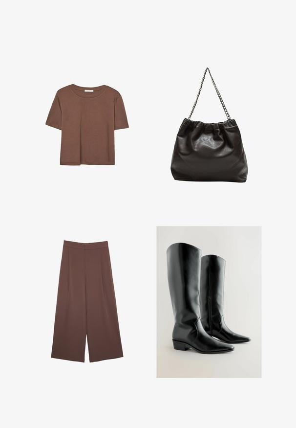 Smeđi kratki rukav majica od mekog materijala, s okruglim izrezom i opuštenim krojem. Nema vidljivih uzoraka ili naglasaka.; Smeđe hlače širokog kroja s glatkom teksturom, koje imaju visok struk i nabore sprijeda. Tkanina je lagana i slobodno se kreće.; Crne čizme do koljena od sjajne umjetne kože. Oštri vrhovi s niskim blok petama i bočnim zatvaračem za jednostavno obuvanje. Glatka tekstura.; Smeđa kožna torba s naboranim vrhom i lančićem za nošenje. Glatka tekstura s sjajnim završetkom i suptilnim šavnim detaljima sa strane.