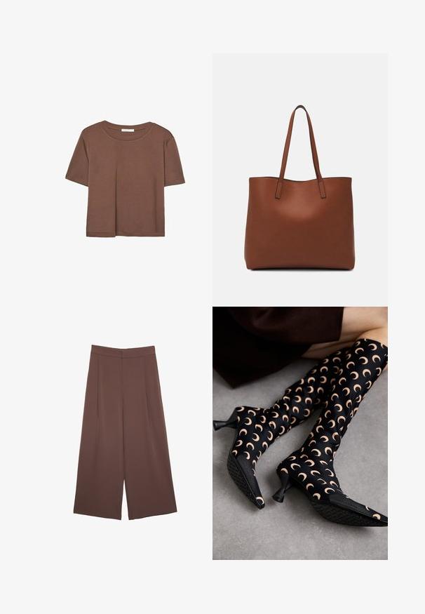 Braunes, kurzärmliges T-Shirt aus weichem Material mit rundem Halsausschnitt und lockerer Passform. Keine sichtbaren Muster oder Akzente.; Braune Weite-Leg-Hosen mit einer glatten Textur, hoher Taille und Vorderfalten. Der Stoff ist leicht und fällt locker.; MARINE SERRE MOON PRINTED KNEE HIGH BOOTS - Stiefel - tan; Braune Leder-Tote mit glatter Textur, offenem Oberteil und zwei Schulterriemen. Verfügt über minimale Nähte und keine sichtbaren Beschläge.