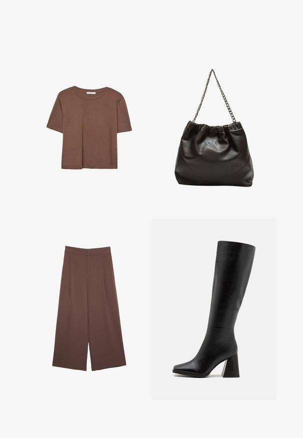 Brązowa koszulka z krótkim rękawem, wykonana z miękkiego materiału, z okrągłym dekoltem i luźnym krojem. Brak widocznych wzorów lub akcentów.; Brązowe spodnie o szerokich nogawkach z gładką fakturą, z wysokim stanem i plisami z przodu. Materiał jest lekki i luźno opada.; Czarne botki sięgające do kolan, wykonane z gładkiej skóry, z kwadratowym noskiem i masywnym, teksturowanym obcasem. Prosty i elegancki design.; Brązowa skórzana torba z marszczonym szczytem i łańcuszkowym paskiem. Gładka tekstura z błyszczącym wykończeniem i subtelnymi detalami szwów po bokach.