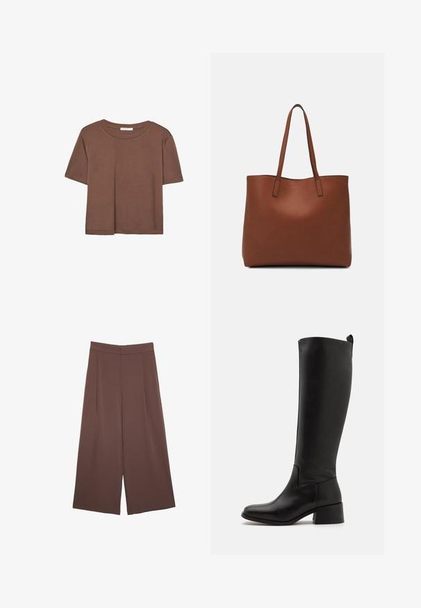 T-shirt marron à manches courtes en tissu doux, avec un col rond et une coupe décontractée. Aucun motif ni accent visible.; Pantalons larges marron avec une texture lisse, dotés d'une taille haute et de plis à l'avant. Le tissu est léger et tombe de manière fluide.; Botte noire montée à hauteur de genou en cuir lisse avec un talon blocs, une pointe arrondie et un design élégant sans embellissement.; Sac fourre-tout en cuir marron avec une texture lisse, design à ouverture supérieure et deux poignées pour le porter à l'épaule. Présente des coutures minimales et aucun matériel visible.