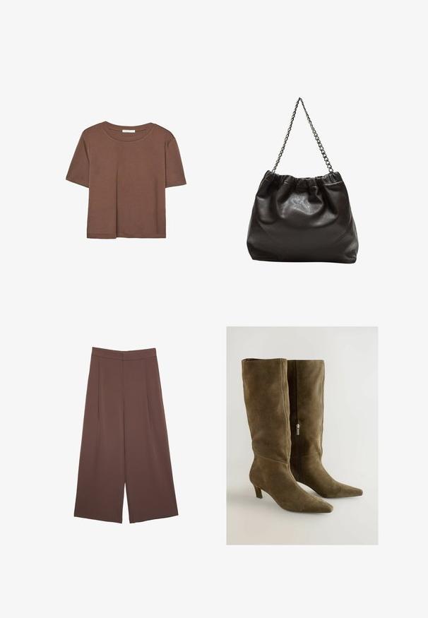 Rjava kratka majica s kratkimi rokavi iz mehkega materiala, s krožnim izrezom in ohlapnim krojem. Brez vidnih vzorcev ali dodatkov.; Rjave široke hlače z gladko teksturo, ki imajo visok pas in sprednje naborke. Tkanina je lahka in prosto pada.; Olive zelene semiš škornje do kolen s koničastim nosom in črnim zadrgo ob strani. Imajo zmerno peto in gladko teksturo.; Rjava usnjena torba z nabranim vrhom in verižnim trakom. Gladka tekstura z sijajno površino in subtilnimi šivi na straneh.