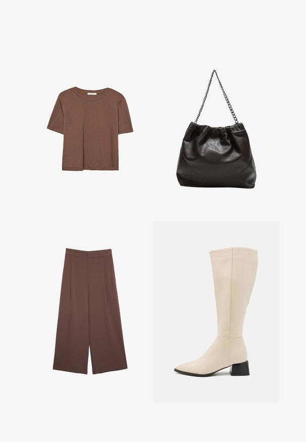 Braunes, kurzärmliges T-Shirt aus weichem Material mit rundem Halsausschnitt und lockerer Passform. Keine sichtbaren Muster oder Akzente.; Braune Weite-Leg-Hosen mit einer glatten Textur, hoher Taille und Vorderfalten. Der Stoff ist leicht und fällt locker.; RAID ATTICO - Stiefel - cream; Braune Lederhandtasche mit gerafftem Oberteil und Kettenriemen. Glatte Textur mit glänzendem Finish und subtilen Nahtdetails an den Seiten.