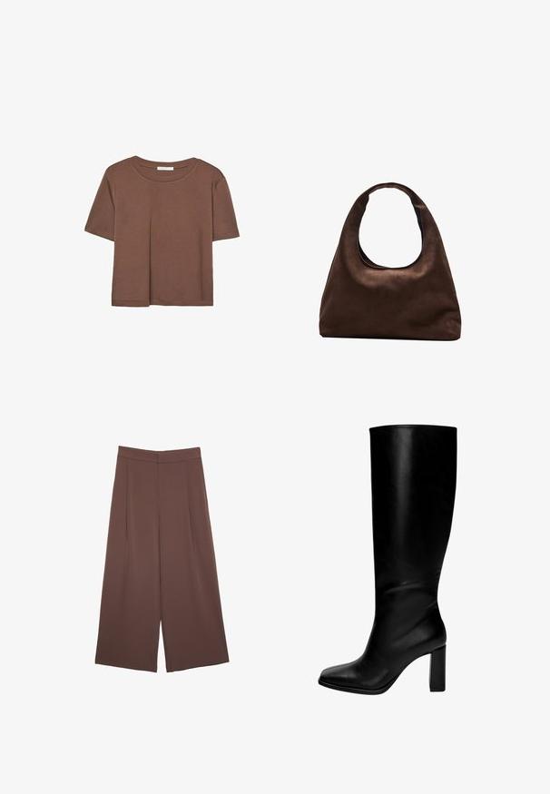 Smeđi kratki rukav majica od mekog materijala, s okruglim izrezom i opuštenim krojem. Nema vidljivih uzoraka ili naglasaka.; Smeđe hlače širokog kroja s glatkom teksturom, koje imaju visok struk i nabore sprijeda. Tkanina je lagana i slobodno se kreće.; Crne kožne čizme do koljena s četvrtastim vrhom i debelim potplatom. Glatka tekstura, prilagođen dizajn, i bez vidljivih metalnih dijelova ili uzoraka.; Meka mekana smeđa torba hobo stila s jednim širokim remenom i zakrivljenim otvaranjem na vrhu, prikazana na bijeloj pozadini.