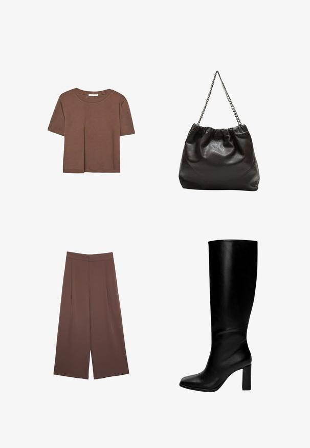 Brązowa koszulka z krótkim rękawem, wykonana z miękkiego materiału, z okrągłym dekoltem i luźnym krojem. Brak widocznych wzorów lub akcentów.; Brązowe spodnie o szerokich nogawkach z gładką fakturą, z wysokim stanem i plisami z przodu. Materiał jest lekki i luźno opada.; Czarne skórzane kozaki do kolan z kwadratowym noskiem i grubym obcasem. Gładka tekstura, dopasowany krój i brak widocznych akcesoriów lub wzorów.; Brązowa skórzana torba z marszczonym szczytem i łańcuszkowym paskiem. Gładka tekstura z błyszczącym wykończeniem i subtelnymi detalami szwów po bokach.