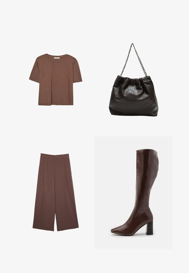 Rjava kratka majica s kratkimi rokavi iz mehkega materiala, s krožnim izrezom in ohlapnim krojem. Brez vidnih vzorcev ali dodatkov.; Rjave široke hlače z gladko teksturo, ki imajo visok pas in sprednje naborke. Tkanina je lahka in prosto pada.; RAID HETTIE - Škornji - brown; Rjava usnjena torba z nabranim vrhom in verižnim trakom. Gladka tekstura z sijajno površino in subtilnimi šivi na straneh.