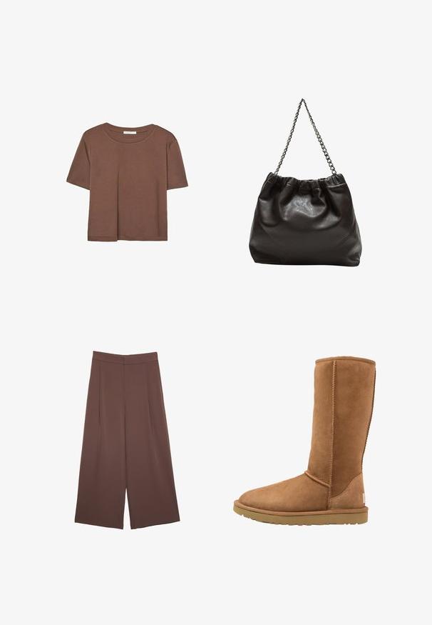 Braunes, kurzärmliges T-Shirt aus weichem Material mit rundem Halsausschnitt und lockerer Passform. Keine sichtbaren Muster oder Akzente.; Braune Weite-Leg-Hosen mit einer glatten Textur, hoher Taille und Vorderfalten. Der Stoff ist leicht und fällt locker.; Hohe beige Wildlederstiefel mit abgerundeter Spitze und dezenten Nähten. Gummisohle sorgt für Trittfestigkeit und ist für Komfort und Wärme konzipiert.; Braune Lederhandtasche mit gerafftem Oberteil und Kettenriemen. Glatte Textur mit glänzendem Finish und subtilen Nahtdetails an den Seiten.