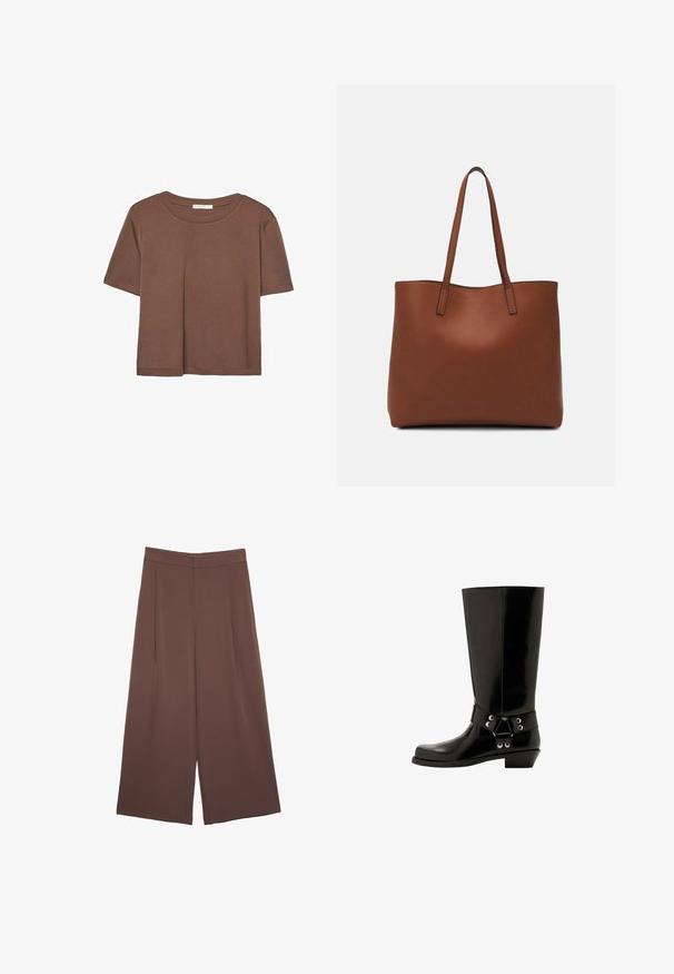 Rjava kratka majica s kratkimi rokavi iz mehkega materiala, s krožnim izrezom in ohlapnim krojem. Brez vidnih vzorcev ali dodatkov.; Rjave široke hlače z gladko teksturo, ki imajo visok pas in sprednje naborke. Tkanina je lahka in prosto pada.; Črne gumijaste škornje do kolen z sijočo površino, ki imajo dekorativno zaponko in kovinske dodatke. Nizek, rahlo poševno postavljen petni del.; Rjava usnjena torba z gladko teksturo, odprto zasnovo zgoraj in dvema naramnima trakovoma. Opremljena je z minimalnim šivanjem in brez vidnih kovinskih delov.