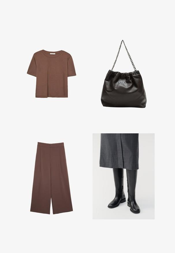 Brązowa koszulka z krótkim rękawem, wykonana z miękkiego materiału, z okrągłym dekoltem i luźnym krojem. Brak widocznych wzorów lub akcentów.; Brązowe spodnie o szerokich nogawkach z gładką fakturą, z wysokim stanem i plisami z przodu. Materiał jest lekki i luźno opada.; Czarny skórzany buty do kolan o gładkiej fakturze, z zamkami błyskawicznymi po bokach i płaską podeszwą. Buty mają usztywnioną cholewkę i minimalną ilość okucia.; Brązowa skórzana torba z marszczonym szczytem i łańcuszkowym paskiem. Gładka tekstura z błyszczącym wykończeniem i subtelnymi detalami szwów po bokach.