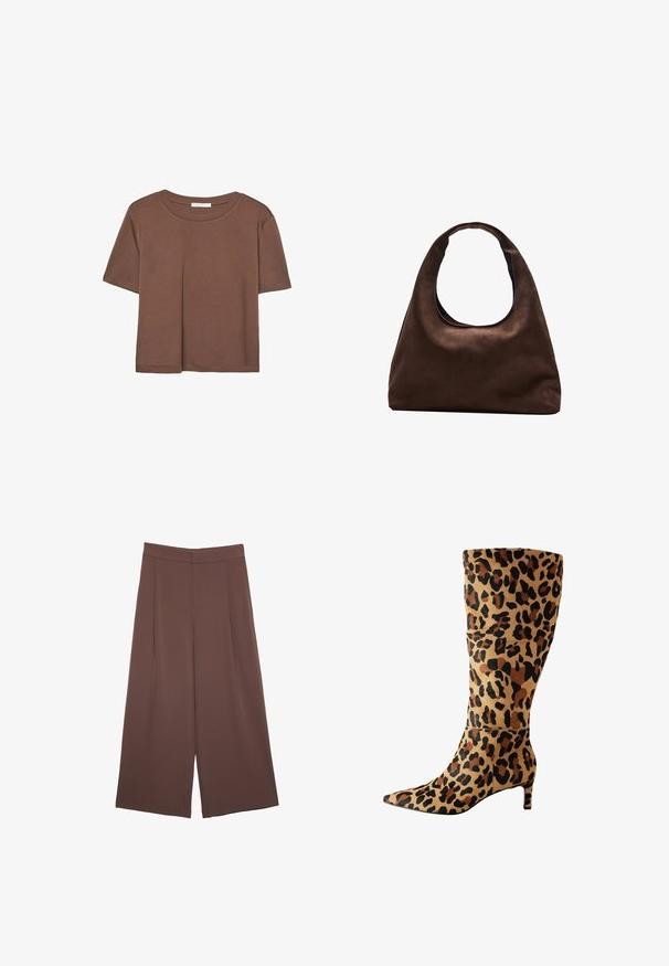 Maglietta a maniche corte marrone realizzata in tessuto morbido, con scollatura rotonda e vestibilità rilassata. Nessun motivo o dettaglio visibile.; Pantaloni ampi marroni con una texture liscia, caratterizzati da una vita alta e pieghe frontali. Il tessuto è leggero e scorre liberamente.; Stivale a ginocchio in stampa leopardo realizzato in materiale morbido, con punta appuntita e tacco basso, caratterizzato da un audace motivo a macchie nere e marroni.; Borsa hobo di un morbido marrone con una sola tracolla larga e un'apertura a manico curvo, esposta su uno sfondo bianco.