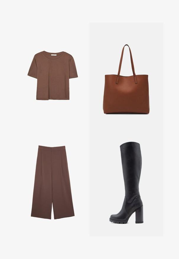 Smeđi kratki rukav majica od mekog materijala, s okruglim izrezom i opuštenim krojem. Nema vidljivih uzoraka ili naglasaka.; Smeđe hlače širokog kroja s glatkom teksturom, koje imaju visok struk i nabore sprijeda. Tkanina je lagana i slobodno se kreće.; Crne čizmice do koljena, od glatke kože, s punom petom, zaobljenim vrhom, teksturiranom potplatom s gripom, elegantnog dizajna bez ukrasa.; Smeđa kožna torba preko ramena s glatkom teksturom, otvorenim vrhom i dvjema naramenicama. Ima minimalne šavove i nema vidljivog hardvera.