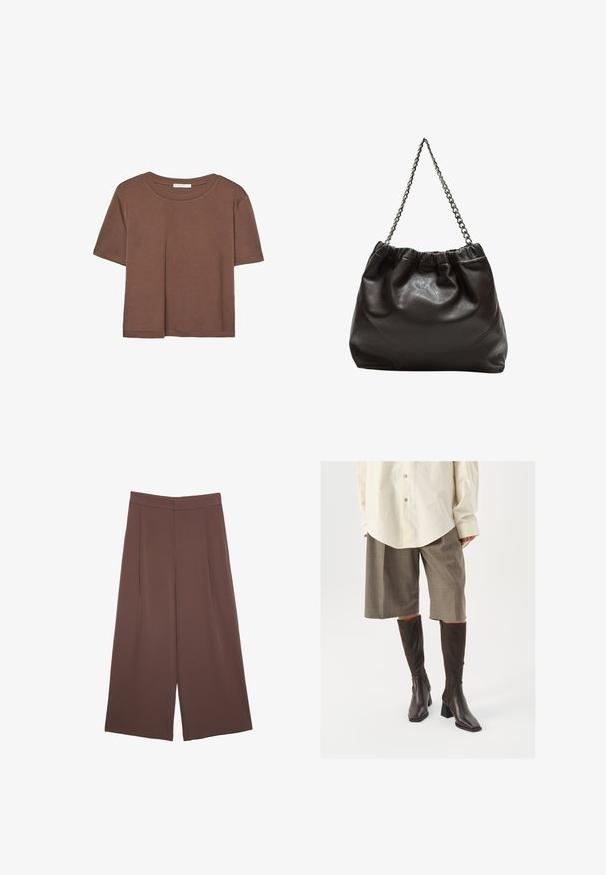 Rjava kratka majica s kratkimi rokavi iz mehkega materiala, s krožnim izrezom in ohlapnim krojem. Brez vidnih vzorcev ali dodatkov.; Rjave široke hlače z gladko teksturo, ki imajo visok pas in sprednje naborke. Tkanina je lahka in prosto pada.; Svetlo rjave škornje do kolen z kvadratnim nosom in blok peto, v kombinaciji z bež oversized srajco in rjavimi karo culoti.; Rjava usnjena torba z nabranim vrhom in verižnim trakom. Gladka tekstura z sijajno površino in subtilnimi šivi na straneh.