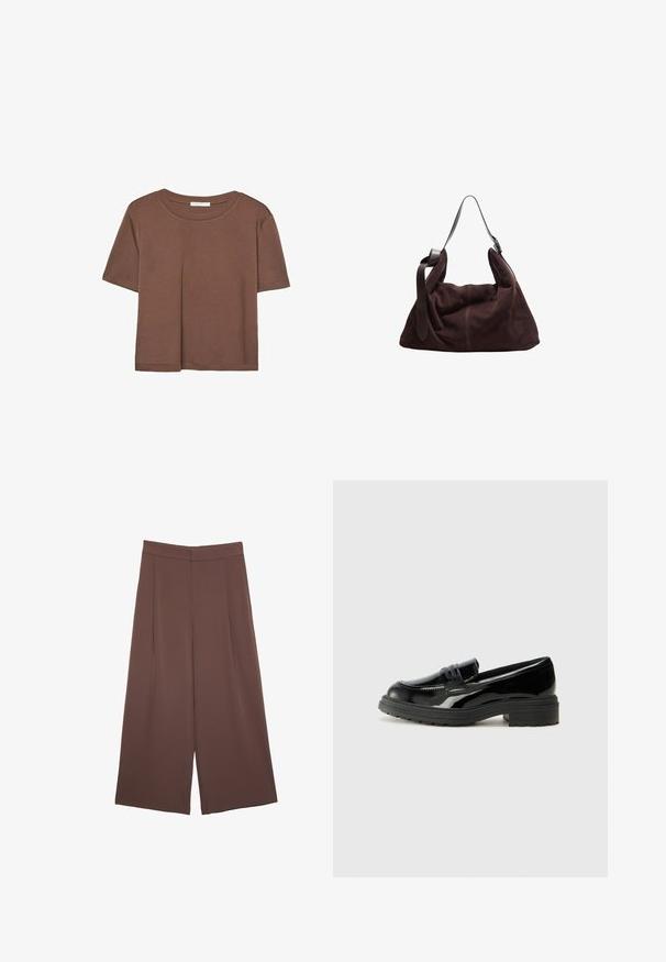Braunes, kurzärmliges T-Shirt aus weichem Material mit rundem Halsausschnitt und lockerer Passform. Keine sichtbaren Muster oder Akzente.; Braune Weite-Leg-Hosen mit einer glatten Textur, hoher Taille und Vorderfalten. Der Stoff ist leicht und fällt locker.; Schwarze Lacklederloafers mit dicker schwarzer Gummisohle, ausgestattet mit einem gesteppten Vorderblatt und einer glatten, glänzenden Oberfläche.; Dunkelbraune Wildleder-Hobo-Schultertasche mit breitem, verstellbarem Ledertragegurt und weichem, lässigem Körper vor weißem Hintergrund.