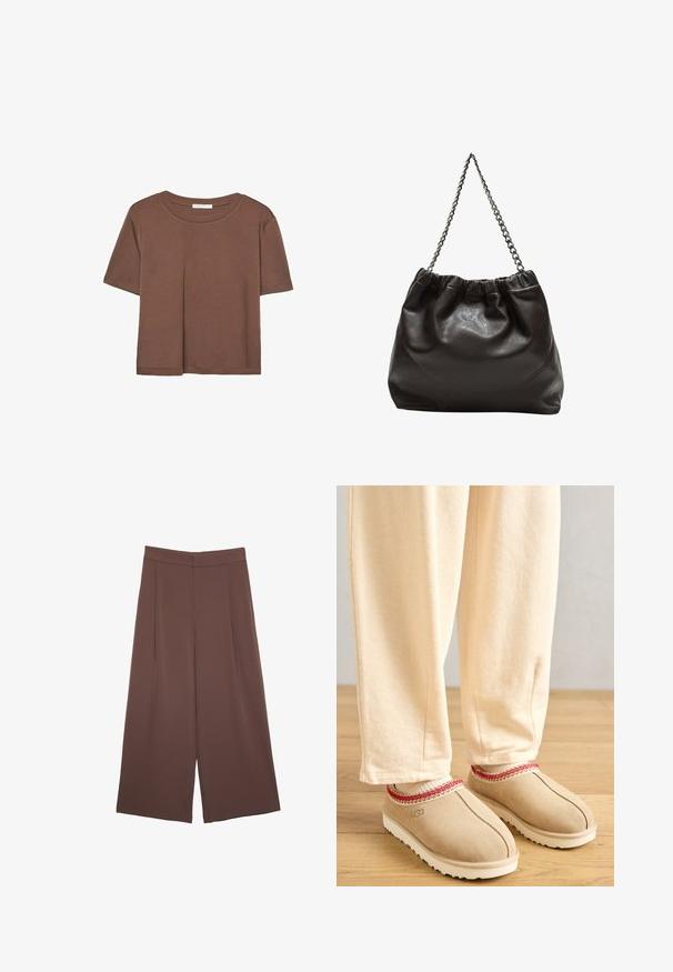 Rjava kratka majica s kratkimi rokavi iz mehkega materiala, s krožnim izrezom in ohlapnim krojem. Brez vidnih vzorcev ali dodatkov.; Rjave široke hlače z gladko teksturo, ki imajo visok pas in sprednje naborke. Tkanina je lahka in prosto pada.; Svetlosmeđi gamine s rdečim dekorativnim robom in belim gumijastim podplatom, v kombinaciji s svetlobezžnimi hlačami, postavljeni na lesene tla.; Rjava usnjena torba z nabranim vrhom in verižnim trakom. Gladka tekstura z sijajno površino in subtilnimi šivi na straneh.