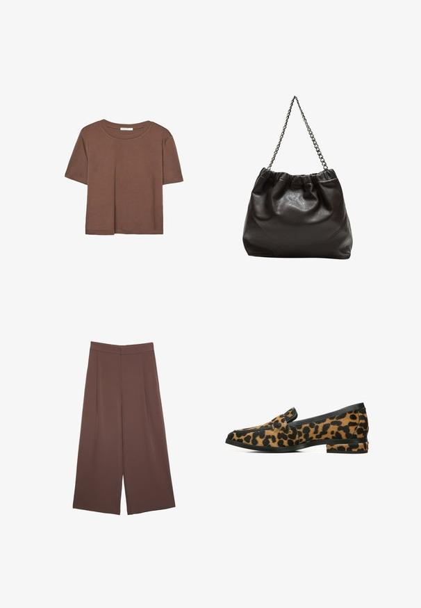 T-shirt marron à manches courtes en tissu doux, avec un col rond et une coupe décontractée. Aucun motif ni accent visible.; Pantalons larges marron avec une texture lisse, dotés d'une taille haute et de plis à l'avant. Le tissu est léger et tombe de manière fluide.; Mocassins en imprimé léopard avec des bordures en cuir noir lisse ; talon plat ; matériau texturé et semblable à de la fourrure avec des taches ; silhouette arrondie élégante.; Sac en cuir marron avec un haut froncé et une bandoulière en chaîne. Texture lisse avec une finition brillante et des coutures subtiles sur les côtés.