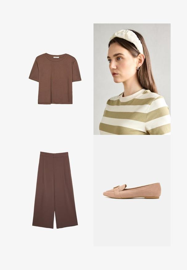 Brun kortärmad t-shirt i mjukt tyg, med rund halsringning och avslappnad passform. Inga synliga mönster eller detaljer.; Bruna vida byxor med en slät textur, som har hög midja och framfickor. Tyget är lätt och flödar löst.; Rosa mockaskor med spetsig tådesign, med en guldfärgad detalj och en platt gummisula för komfort.; Krämfärgad vadderad huvudband med vriden design, i kombination med en beige och vit randig skjorta med rund halsringning. Diskreta smyckeakcenter.