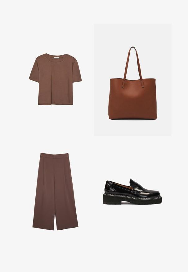 Hnědé tričko s krátkým rukávem vyrobené z měkké látky, s kulatým výstřihem a volným střihem. Bez viditelných vzorů nebo dekorací.; Hnědé široké kalhoty s hladkou texturou, vysokým pasem a předními záhyby. Materiál je lehký a volně splývá.; Černé lakované kožené mokasíny s robustní černou gumovou podrážkou, zvýrazněné bílým prošíváním a dekoračním předním páskem.; Hnědá kožená taška přes rameno s hladkou texturou, otevřeným designem a dvěma ramenními popruhy. Obsahuje minimální švy a žádné viditelné kovové prvky.