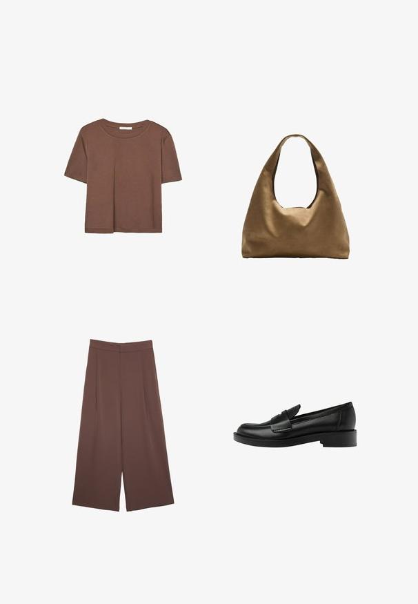 Brown short-sleeve t-shirt made of soft fabric, with a round neckline and relaxed fit. No visible patterns or accents.; Brown wide-leg trousers with a smooth texture, featuring a high waist and front pleats. The fabric is lightweight and flows loosely.; Black leather loafer with a rounded toe, featuring a prominent stitched detail on the vamp and a low block heel for stability.; Brown fabric shoulder bag with a wide, rounded body and a large cutout handle. Soft texture, minimalistic design, and no visible hardware.