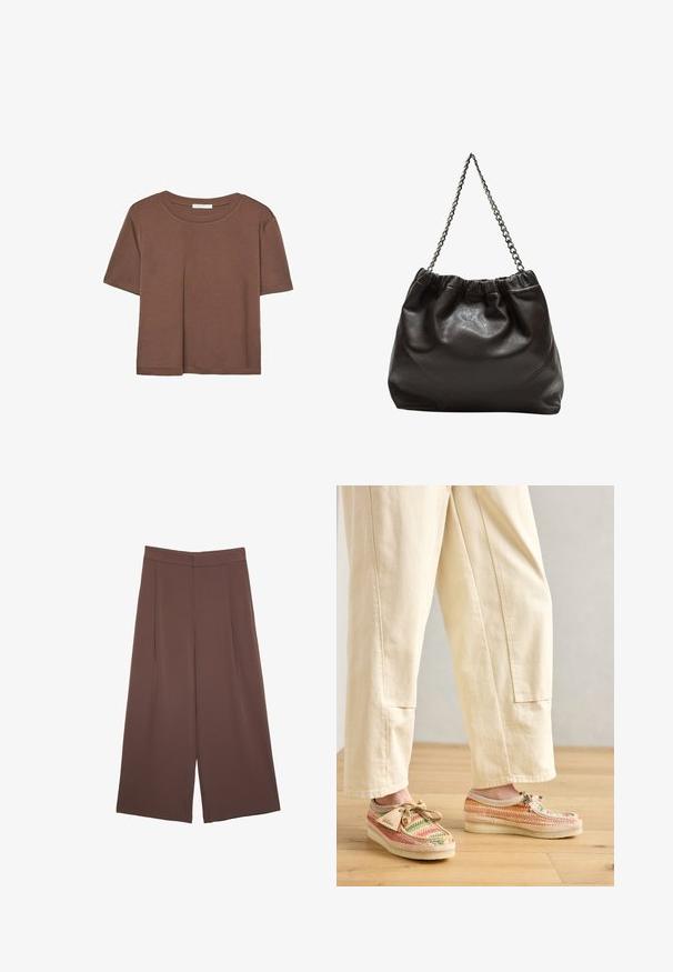Rjava kratka majica s kratkimi rokavi iz mehkega materiala, s krožnim izrezom in ohlapnim krojem. Brez vidnih vzorcev ali dodatkov.; Rjave široke hlače z gladko teksturo, ki imajo visok pas in sprednje naborke. Tkanina je lahka in prosto pada.; Vešbarvni tkanini čevlji z bež osnovo, z okroglo konico in vezalnim dizajnom. Teksturna tkanina z vzorčasto površino in rjavimi detajli.; Rjava usnjena torba z nabranim vrhom in verižnim trakom. Gladka tekstura z sijajno površino in subtilnimi šivi na straneh.