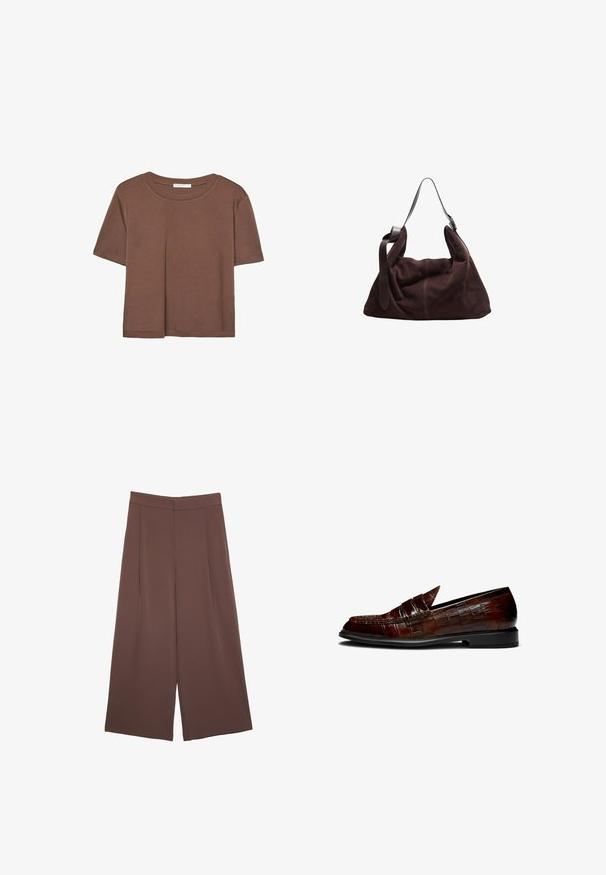 Braunes, kurzärmliges T-Shirt aus weichem Material mit rundem Halsausschnitt und lockerer Passform. Keine sichtbaren Muster oder Akzente.; Braune Weite-Leg-Hosen mit einer glatten Textur, hoher Taille und Vorderfalten. Der Stoff ist leicht und fällt locker.; Braune Lederloafers mit Krokodilleder-Optik, einem niedrigen Absatz und einer spitzen Zehenform. Akzentnähte entlang der Kanten.; Dunkelbraune Wildleder-Hobo-Schultertasche mit breitem, verstellbarem Ledertragegurt und weichem, lässigem Körper vor weißem Hintergrund.