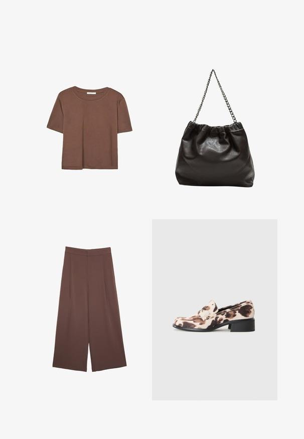 Kahvinsävyinen lyhythihainen t-paita, joka on valmistettu pehmeästä kankaasta. Pyöreä pääntie ja rento malli. Ei näkyviä kuvioita tai koristeita.; Ruskeat leveälahkeiset housut, joissa on sileä pinta, korkea vyötärö ja etupleat. Kangas on kevyttä ja laskeutuu väljänä.; Mokasin rendah dengan tumit hitam bertumpuk, bagian atas dari kain bercetak hewan berwarna beige dan coklat, serta tali dekoratif di bagian vamp.; Ruskea nahkainen laukku, jossa on kerätty yläosa ja ketjuhihna. Tasainen pinta, jossa kiiltävä viimeistely ja hienovaraiset sauman yksityiskohdat sivuilla.
