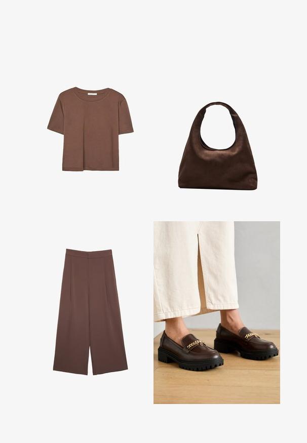 Hnědé tričko s krátkým rukávem vyrobené z měkké látky, s kulatým výstřihem a volným střihem. Bez viditelných vzorů nebo dekorací.; Hnědé široké kalhoty s hladkou texturou, vysokým pasem a předními záhyby. Materiál je lehký a volně splývá.; Hnědé kožené mokasíny s robustní černou podrážkou a zlatým řetízkem přes přední část. Hladký povrch s mírným leskem.; Měkká hnědá kabelka ve stylu hobo s jedním širokým popruhem a zakřiveným horním otvorem, vystavená na bílém pozadí.