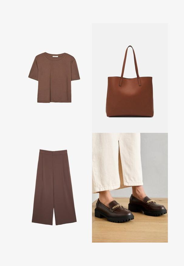 Hnedé tričko s krátkym rukávom vyrobené z jemného materiálu, s okrúhlym výstrihom a voľným strihom. Žiadne viditeľné vzory ani akcenty.; Hnedé nohavice so širokými nohavicami a hladkou textúrou, s vysokým pásom a prednými skladmi. Tkanina je ľahká a voľne sa pohybuje.; Hnedé kožené mokasíny s robustnou čiernou podrážkou a zlatým reťazovým akcentom z prednej strany. Hladký povrch s jemným leskom.; Hnedá kožená taška na rameno s hladkou textúrou, otvoreným vrchom a dvoma ramenými popruhmi. Má minimálne šitia a žiadne viditeľné kovania.