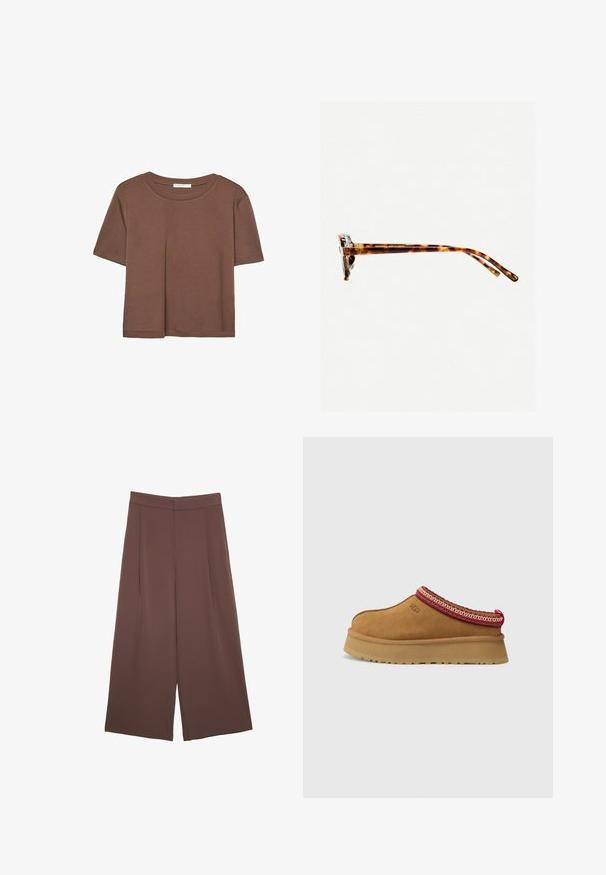 Brown short-sleeve t-shirt made of soft fabric, with a round neckline and relaxed fit. No visible patterns or accents.; Brown wide-leg trousers with a smooth texture, featuring a high waist and front pleats. The fabric is lightweight and flows loosely.; Brown suede slip-on shoe with red and cream patterned trim, textured sole, and UGG logo on side. Features a slight platform height.; Tortoiseshell sunglasses with a thick frame, slightly curved temples, and smooth texture. Features a classic design with a glossy finish.; Brown suede tote bag with soft texture, large opening, and long straps. Features a simple design with visible stitching and no hardware.