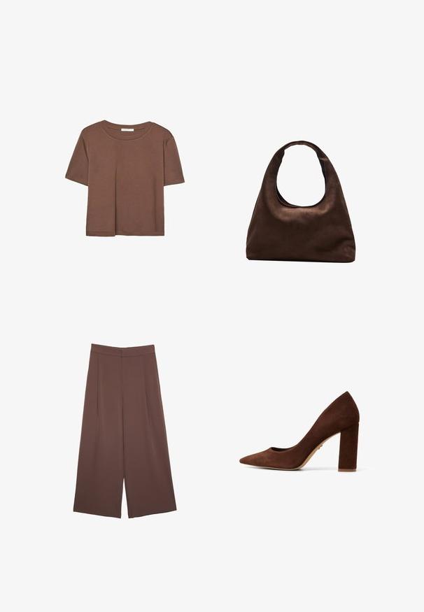 Brązowa koszulka z krótkim rękawem, wykonana z miękkiego materiału, z okrągłym dekoltem i luźnym krojem. Brak widocznych wzorów lub akcentów.; Brązowe spodnie o szerokich nogawkach z gładką fakturą, z wysokim stanem i plisami z przodu. Materiał jest lekki i luźno opada.; Brązowe zamszowe szpilki z wąskim noskiem i szerokim obcasem w kształcie bloku. Gładka tekstura i minimalistyczny design. Brak widocznych elementów metalowych lub wzorów.; Miękka, brązowa torebka w stylu hobo z jedną szeroką rączką i wyprofilowanym otwarciem, wyeksponowana na białym tle.